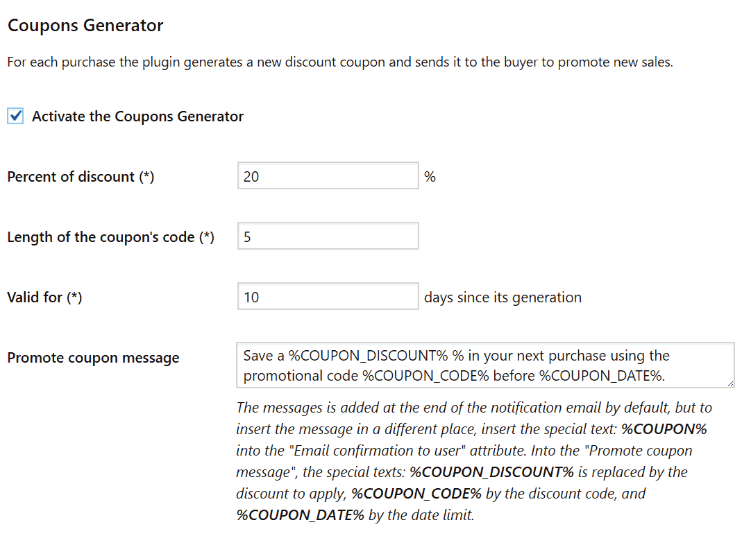 Coupons Generator Section